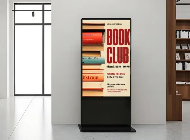 Freestanding digital display kiosk in a lounge
